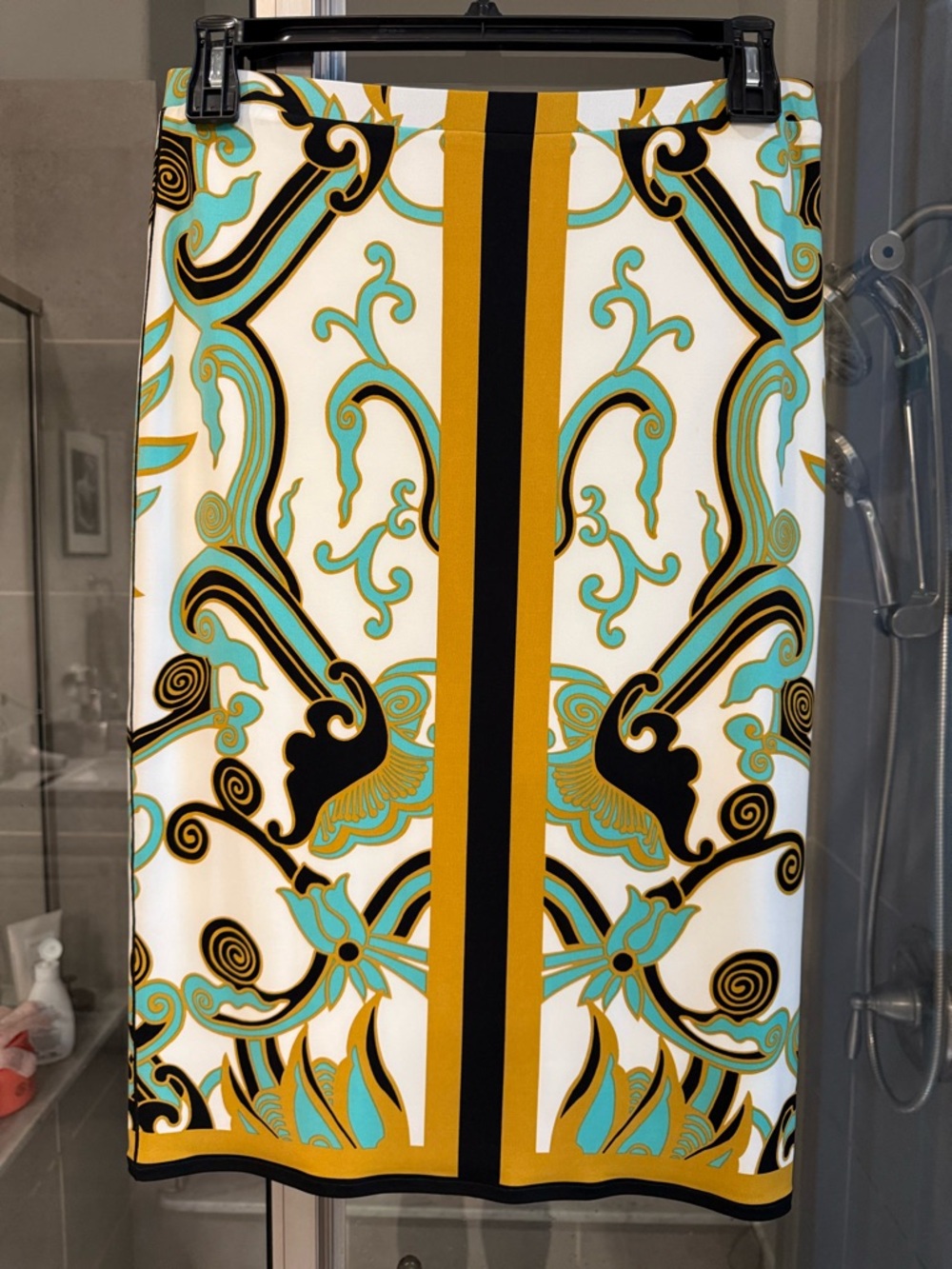 Eva Varro White, Turquoise & Mustard Baroque Print Pencil Skirt
